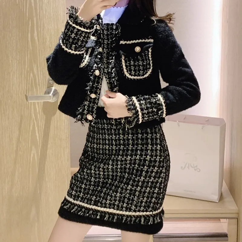 Женский твидовый комплект из двух предметов элегантный винтажный пальто с