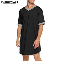 incerun solid color sleepwear man short sleeve bathrobe loose v neck nightwear mens nightgown fashion patchwork sleep robe s 5xl