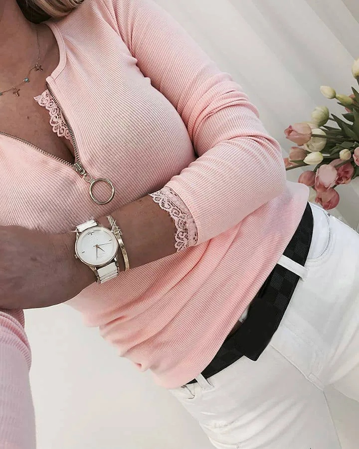 Sexy Lace Patchwork Zipper Half Open Knitted Tops Pullover Autumn Winter Women Pull Jumper Female Casual Slim Pink Grey Sweaters | Женская