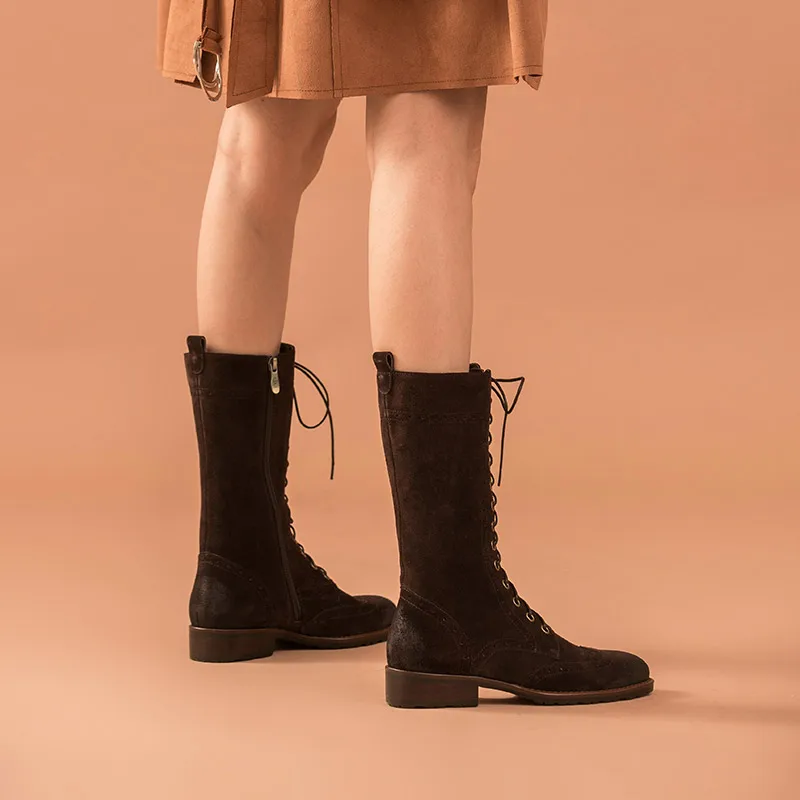 BeauToday/ботинки до середины икры; женские ботинки-Броги из коровьей замши с круглым носком на шнуровке; женские зимние сапоги из натуральной кожи ручной работы; 02023