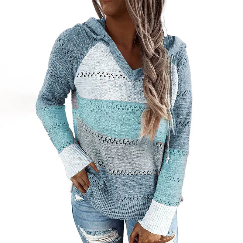 

2021 New Knitted Hoodie Women's European And American Long Sleeves Loose Color Stripe Pullover Casual Women's Knitted Hoodie