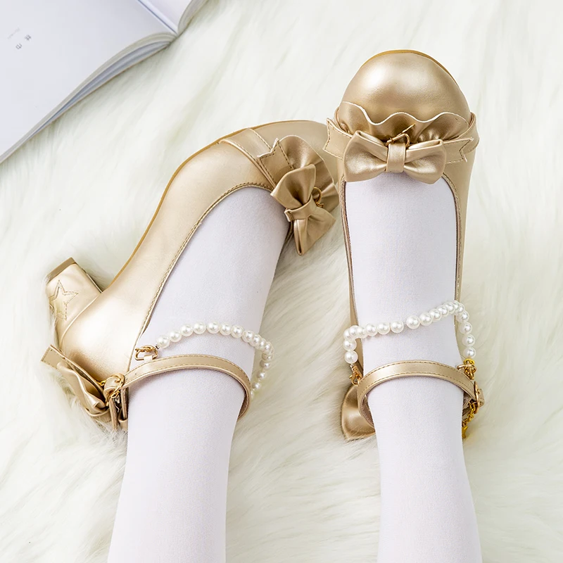 Милые туфли для девочек в японском стиле Лолиты с кружевным бантом на толстом