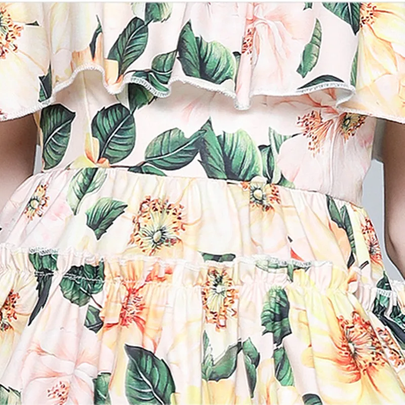 

New 2021 Summer Women Elegant Ruffles Printing Dress Designer Flower Print Lady Sexy Off Shoulder Halter Fashion Party Dress