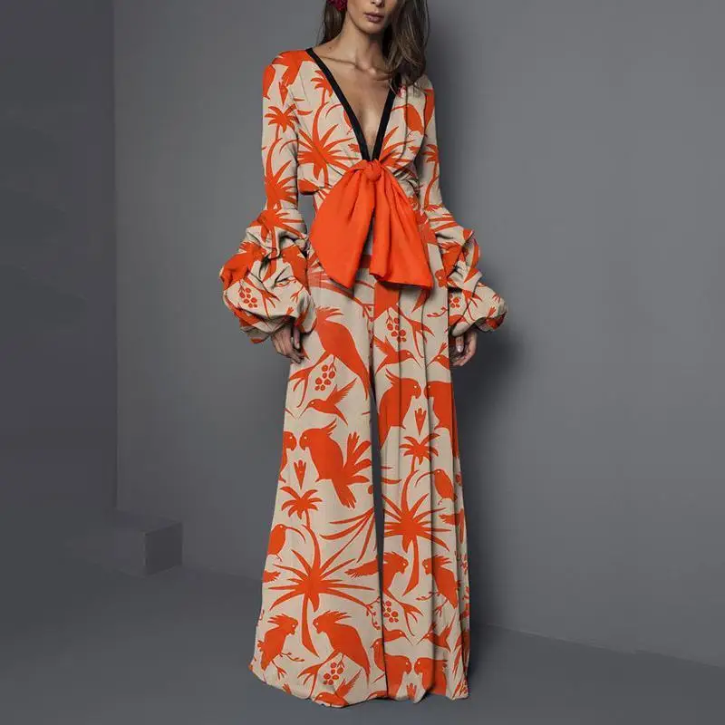 

Boho Fashion Women Lantern Sleeve Print Jumpsuits Sexy V-Neck Wide Leg Jumpsuits Bohemian Lady Long Sleeve Summer Beach Overalls