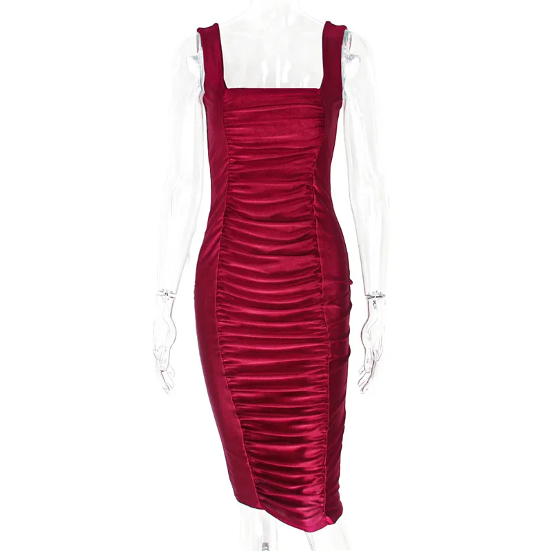 

2021 New Summer Dress Sexy Backless Tight Buttocks Dress Solid Pleated Square Neck Knee Length Women's Suspender Party SkirtC037