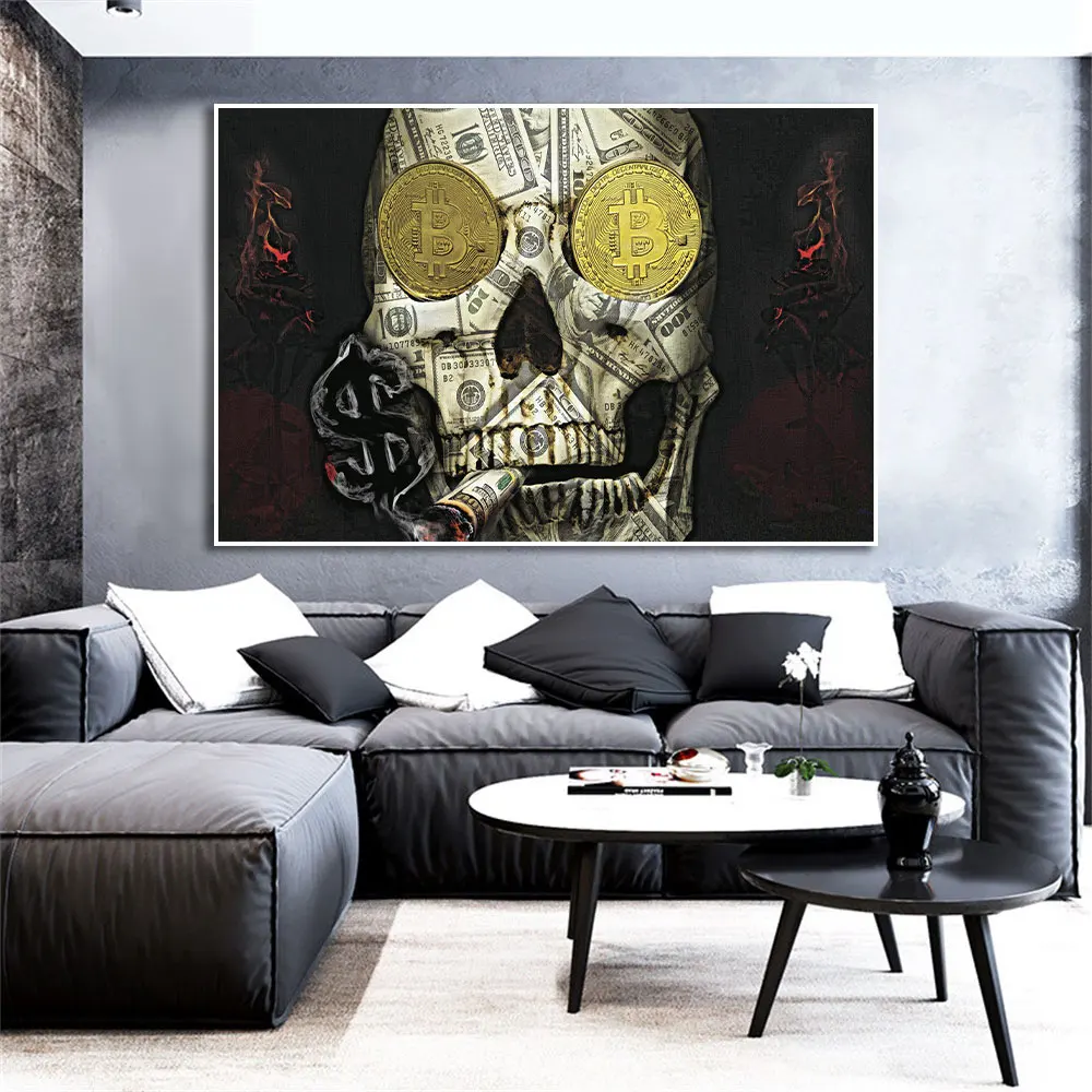 

Skull Smoking Poster Cash Bitcoin Canvas Unique Design Wall Art Print Motivating Painting for Living Room Home Decor Cuadros