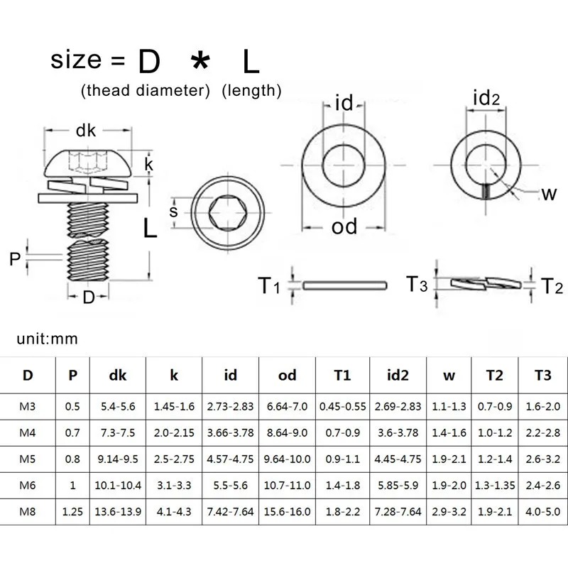 1/50pcs M3 M4 M5 M6 M8 304 Stainless Steel Hexagon Hex Socket Button Head SEM Screw Flat With Washer Spring Gasket Assemble Bolt - купить по