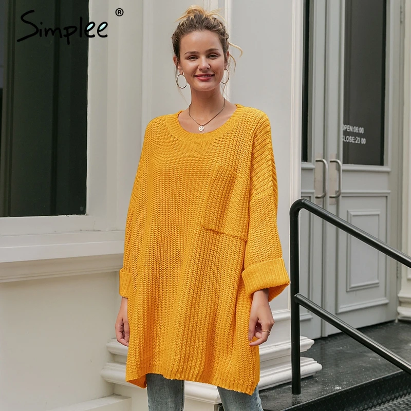 Simplee Свободный стиль укороченные длинные пуловер свитер Карманы с вырезом