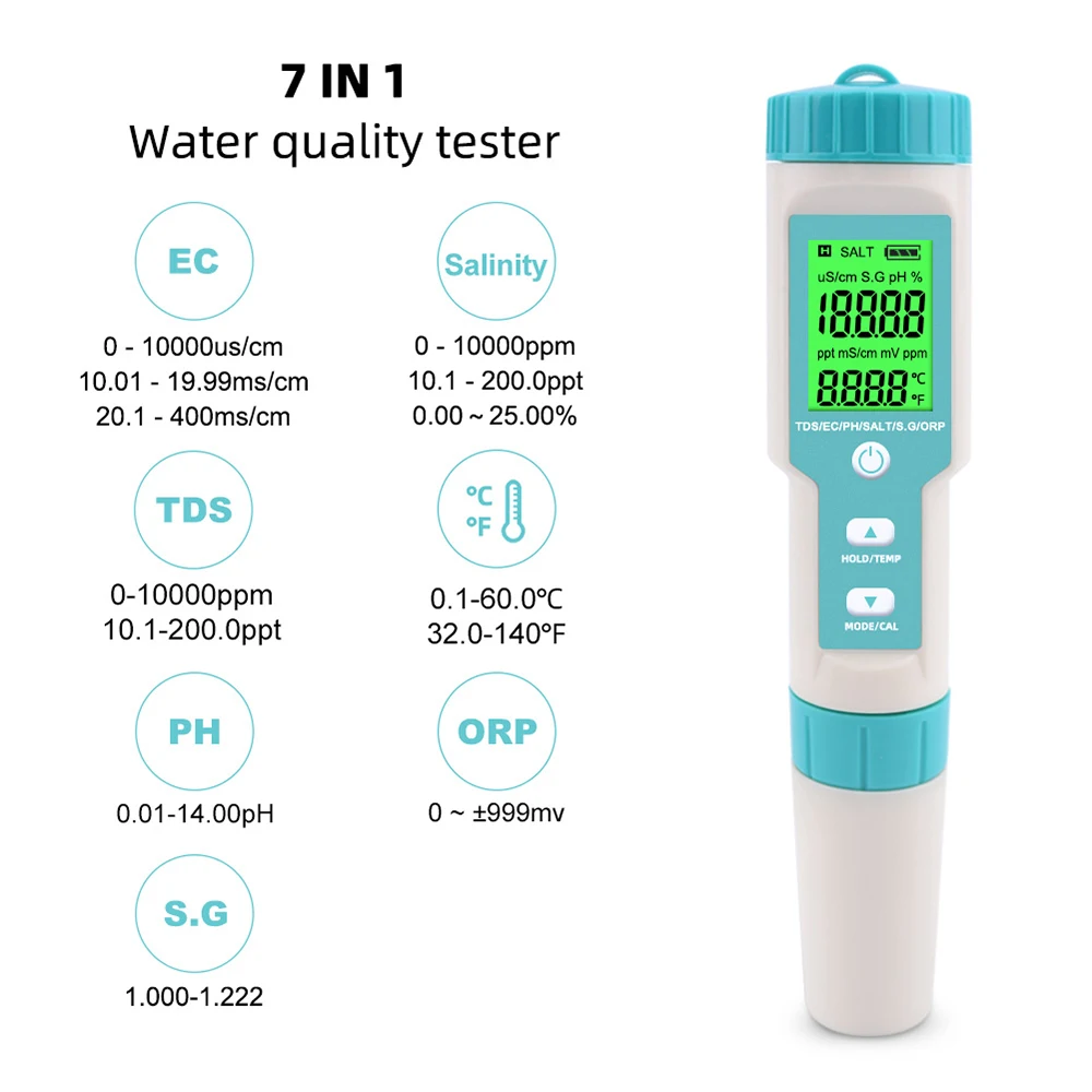 

Многопараметрический Карманный тестер качества воды 7 в 1, PH/TDS/EC/ORP/S.G/соленость/температура, для бассейнов, аквариумов с питьевой водой