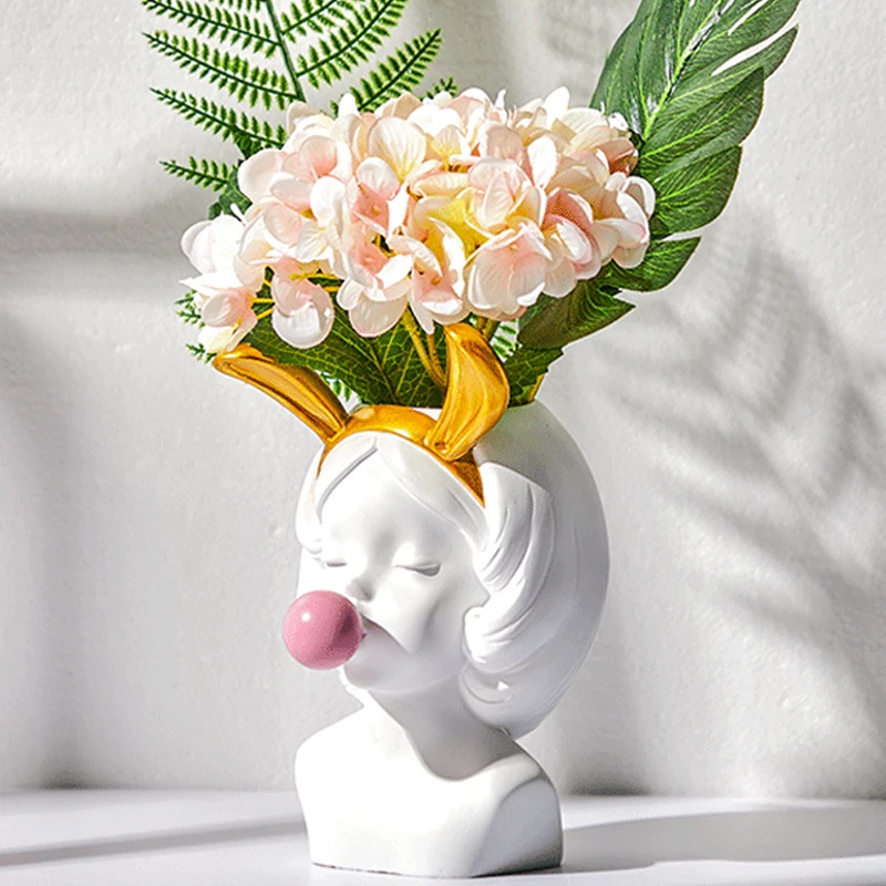

White Resin Vase Flower Pot Nordic Style Cute Catwoman Human Head Flower Vases Basket Pen Brushes Holder Home Decoration