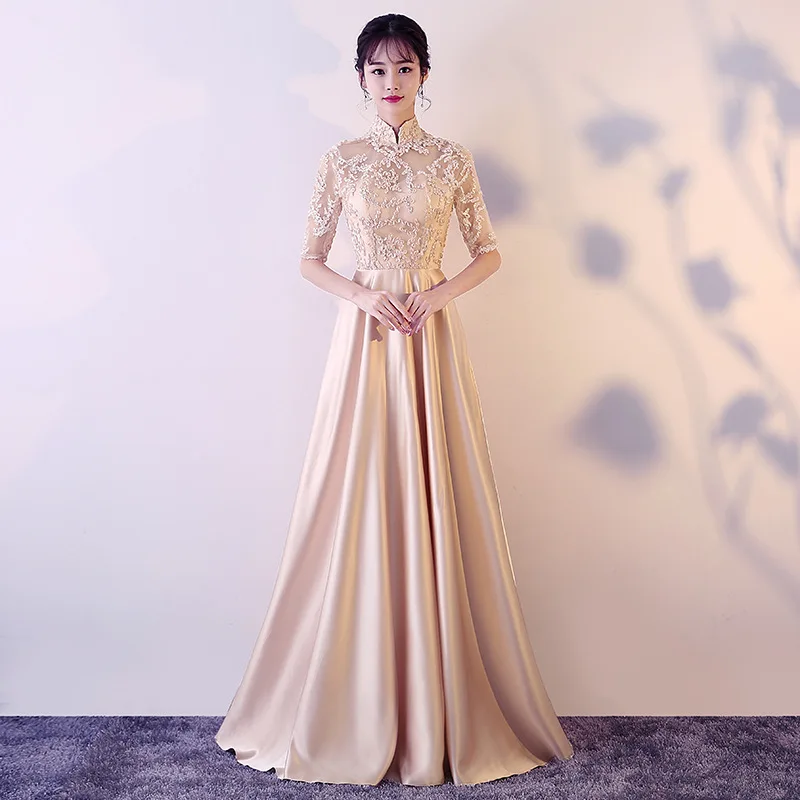 

New Champagne Womens Long Party Dress New Cheongsam Elegant Qipao Chinese style Mandarin Collar Mesh Gown Vestido XS-XXL