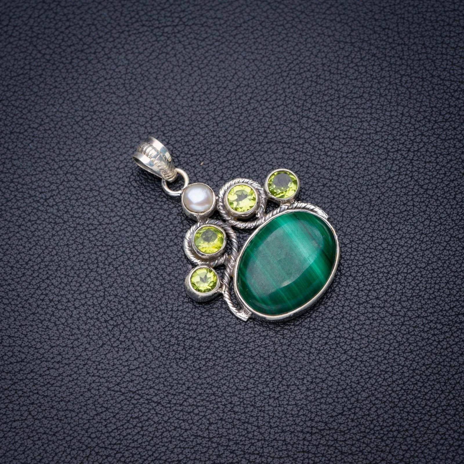

StarGems Natural Malachite River Pearl And Peridot Handmade 925 Sterling Silver Pendant 1.5" E3909