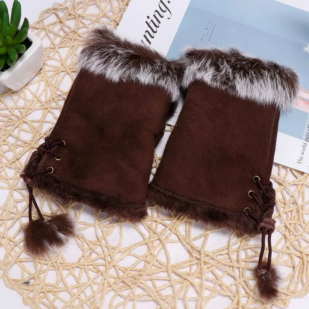 Новые теплые зимние женские кожаные перчатки без пальцев с кроличьим мехом для