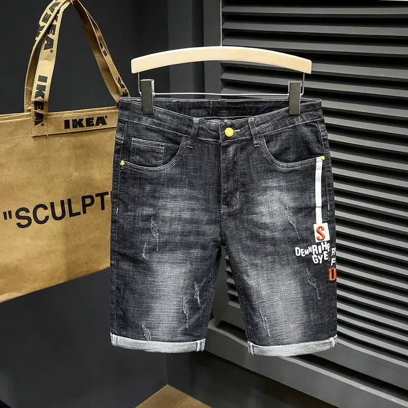 

Summer Denim Shorts Korean Style Cool Printed Stretch Slim -Fit Washed Shorts