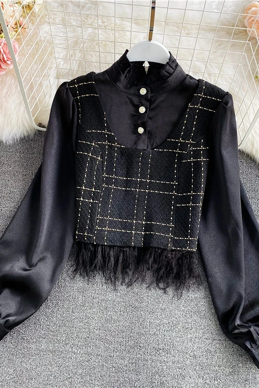 

French Royal Style False Two-Piece Suit Stringy Selvedge Stand Collar Loose Shirt Women's Fashion Graceful Puff Sleeve Top