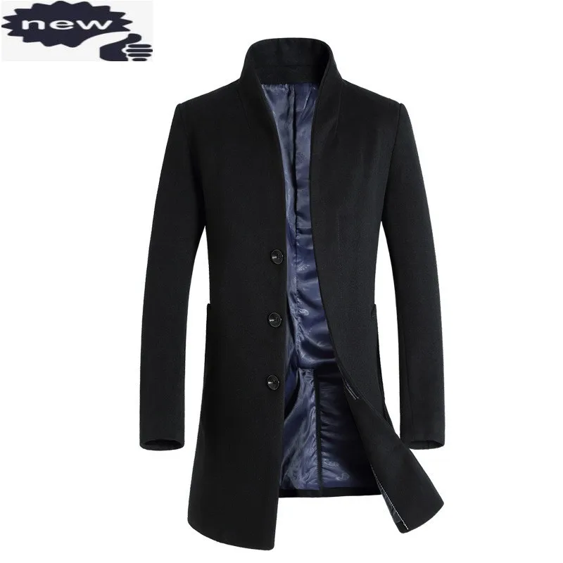 

Brand Men Woolen Coats Fashion Slim Single Breasted Windbreakers Autumn Winter Stand Collar Thicken Warm Outerwear Plus Size