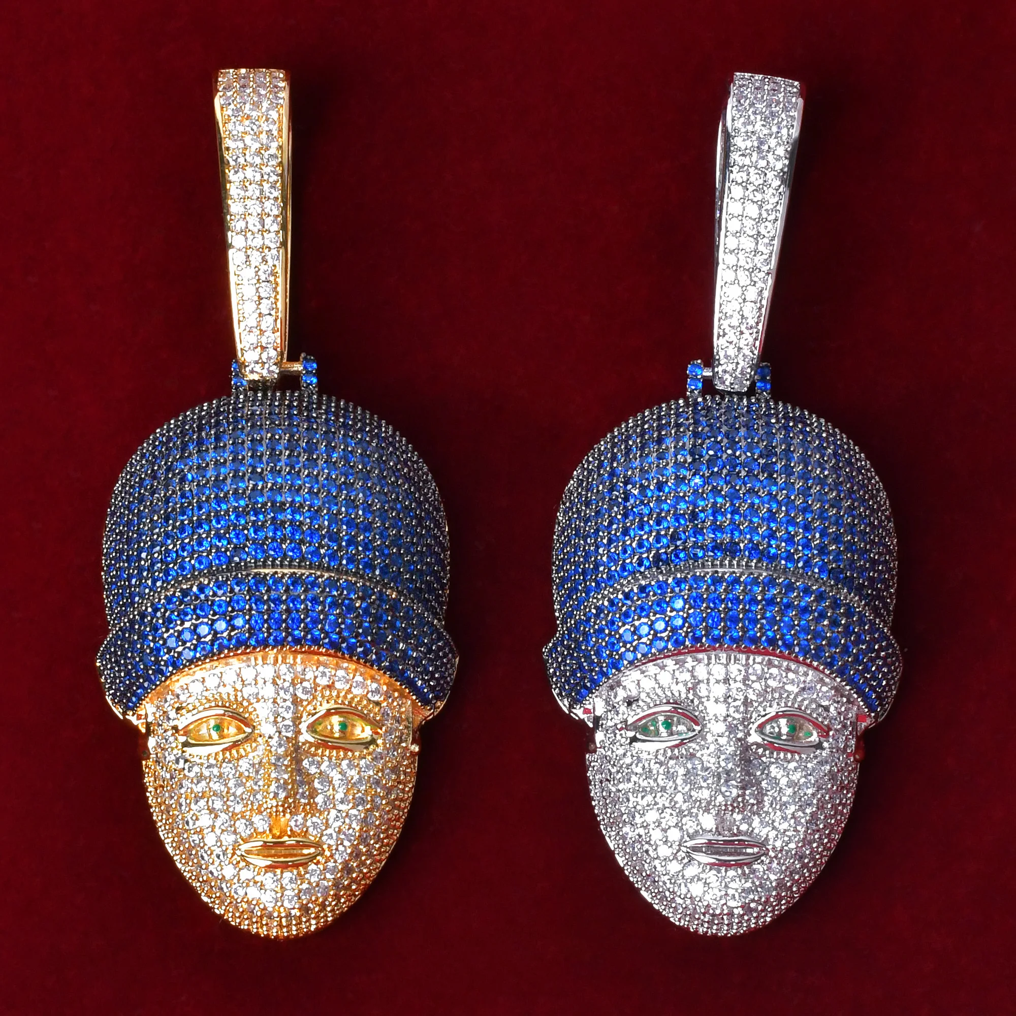 

Character Face Head Pendant 20mm Cuban Chain Charm Blue Cubic Zircon Men's Hip Hop Rock Jewelry