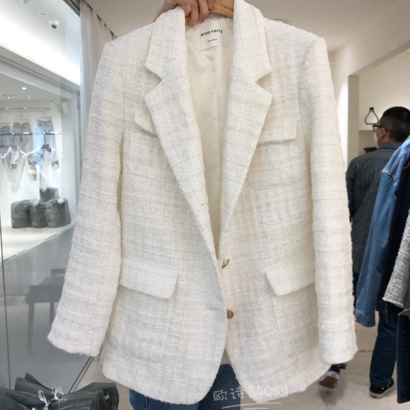 

Women Tweed Blazer Autumn Winter 2020 Long Sleeve Single Breasted Office Lady Suit Coat Casual Outwear Chic Jacket Femme