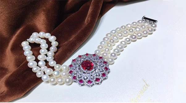 Браслет и ожерелье из 3 нитей 7-8 мм с белым жемчугом и Красным ...