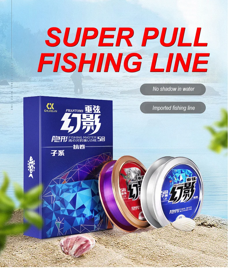 Una caja de línea de pesca con una imagen de un pescador en el frente