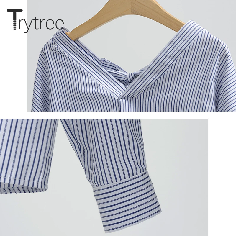 Trytree 2020 Весенняя женская блузка повседневная с v образным вырезом в полоску