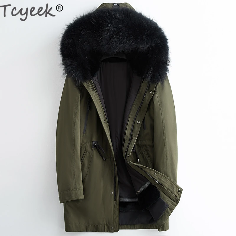 Tcyeek зимнее пальто Для мужчин из натурального меха енота с капюшоном кроличьим
