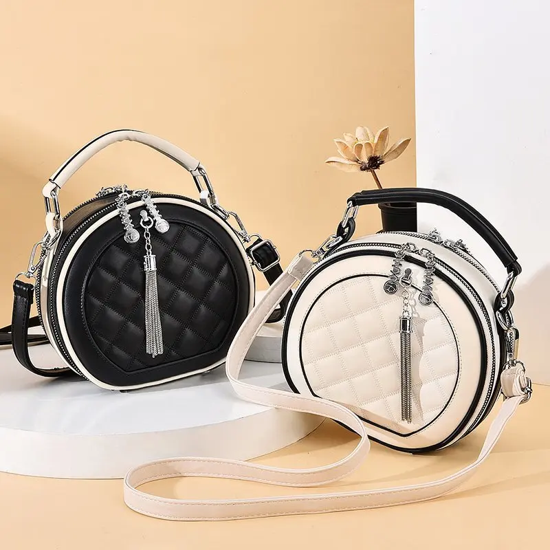 

Round Handbag Fashion Messenger Shoulder Bags For Women High Quality Leather Crossbody Bag Luxury Tassel Handbag Purse Bolsa