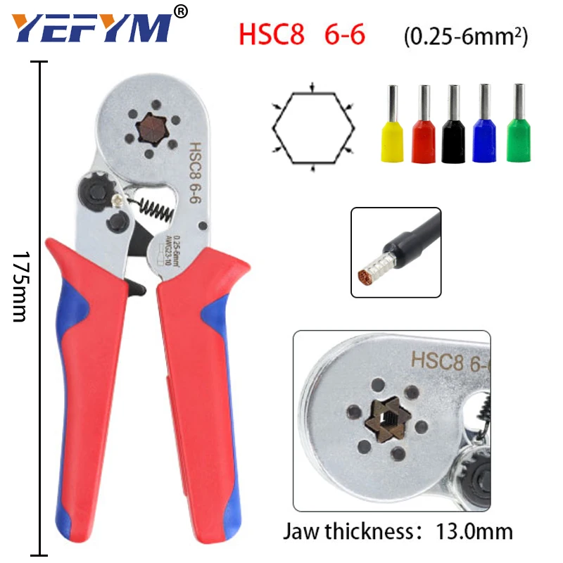 

HSC8 6-6 Круглый концевой обжим инструмент, специальный инструмент для обжима 0,25-6mm2 трубчатых терминал (AWG23-10)