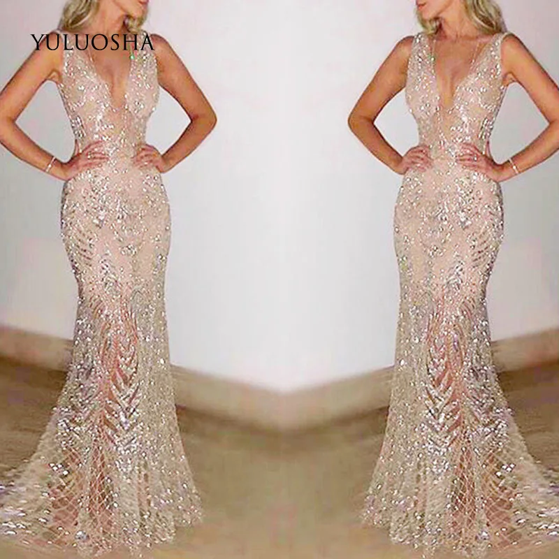 YULUOSHA новое золотистое вечернее платье с блестками Длинные вечерние платья для