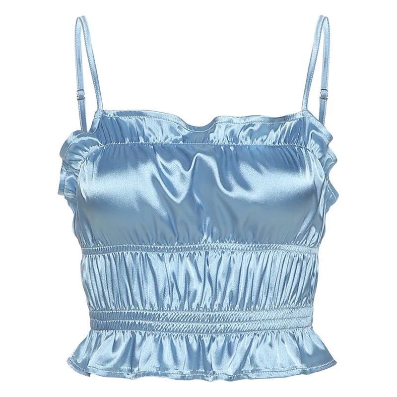 

2021 Summer New Womens Wear Camisole Backless Fashion Street Style Short Slim Pleated Ruffles Sexy Bright Silk Sweet Casual
