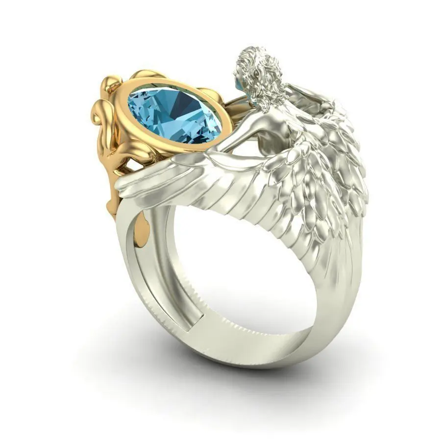 

New Vintage Angel Wings Personality Exaggerated Rings With Sea Blue Topaz Stone Ring For Women Men Domineering Hands Accessories