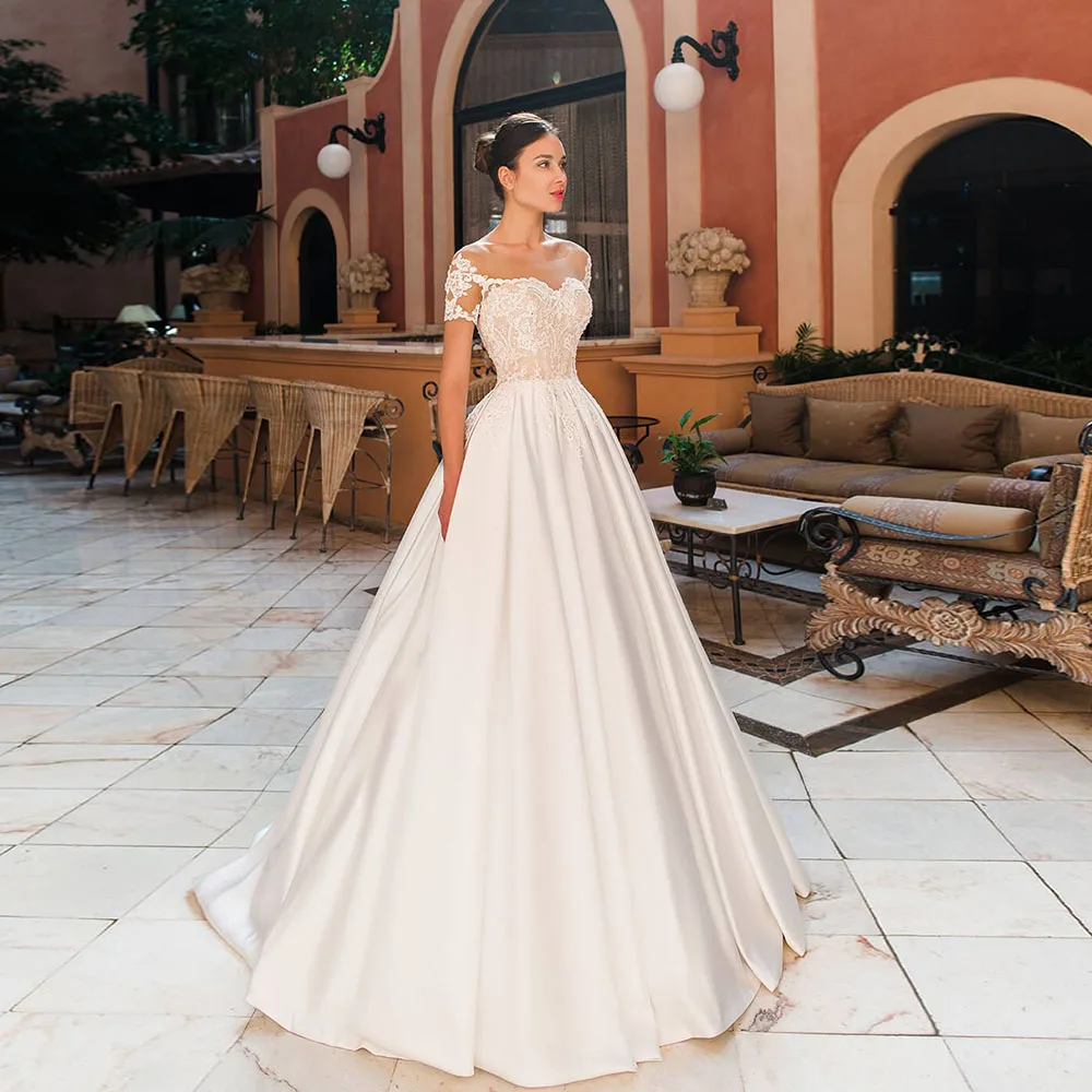

2021 Satin A-Line Appliques Sweetheart Wedding Dresses Off Shoulder Button Backless Floor Length Bride Gowns