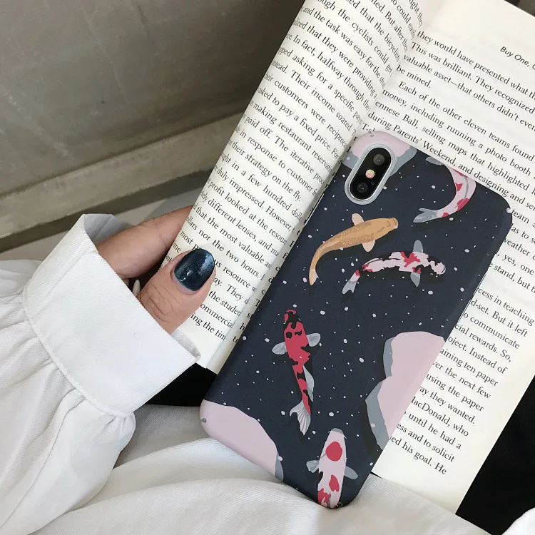 Роскошный японский чехол для телефона Lucky Fish для iPhone 11 Pro Max 6S 7 8 Puls X XS Чехлы для Max XR черный жесткий пластик Глянцевая задняя панель Крышка
