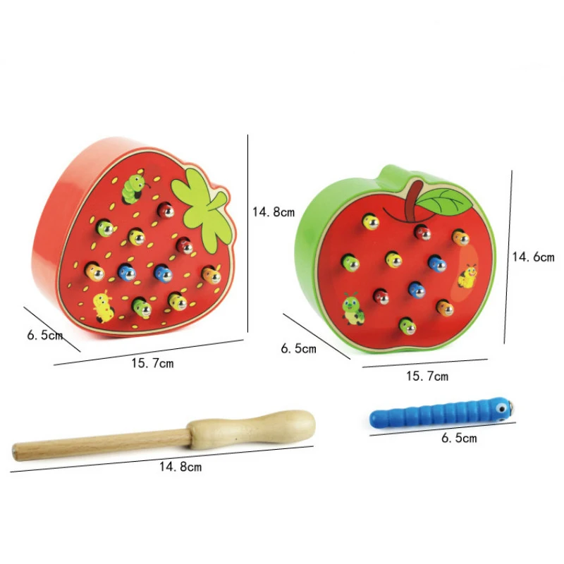 

3D Strawberry Apple Toys Puzzle Early Childhood Educational Toys Baby Wooden Toys Catch Worm Game Color Cognitive Magnetic Gifts