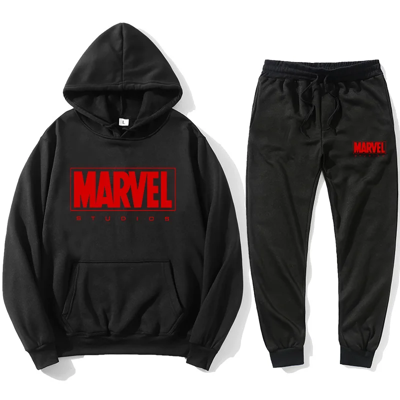 

Marvell Sweatshirt + jogging men's long sleeve Hoodie + Pants Black women's sportswear casual suit superior quality