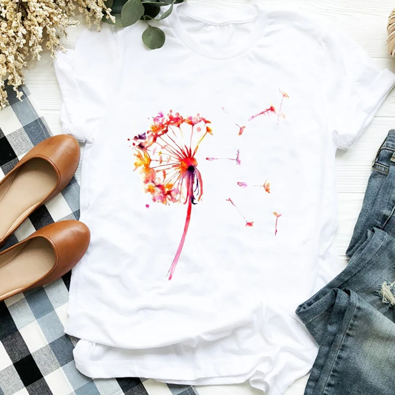 

Women Lady Watercolor Dandelion Casual Plant Printing 90s Print Tshirt Shirt Clothes Top Graphic Female T Tee Womens T-shirt