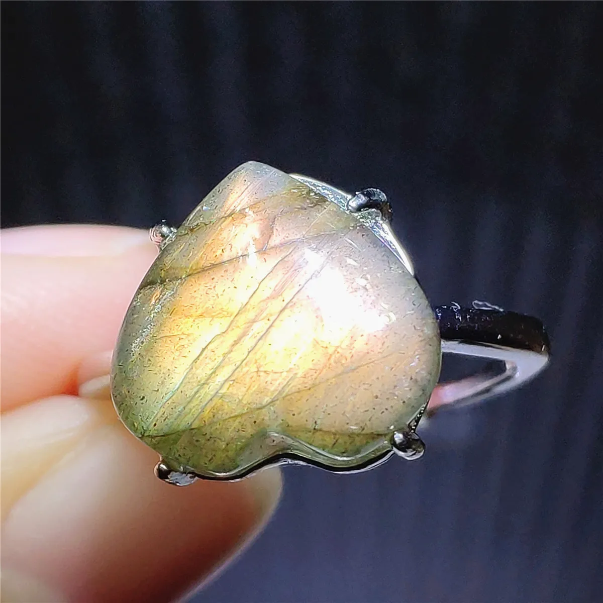 

Genuine Natural Labradorite Yellow Light Adjustable Ring Heart Love 12x11mm 925 Sterling Silver Rare Labradorite Women Men AAAAA