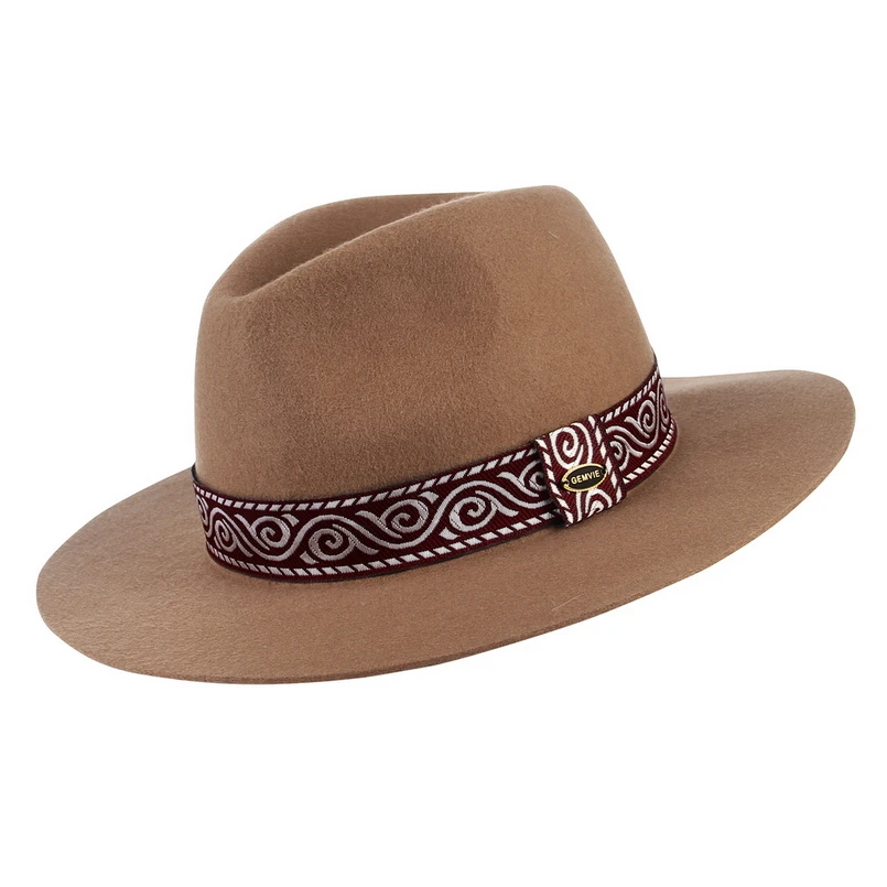 Camel GEMVIE с широкими полями, шерсть, женская шляпа, Fedora, зимняя фетровая шапочка, полосатая, этническая группа, осенняя, джазовая шапка - Цвет: Camel