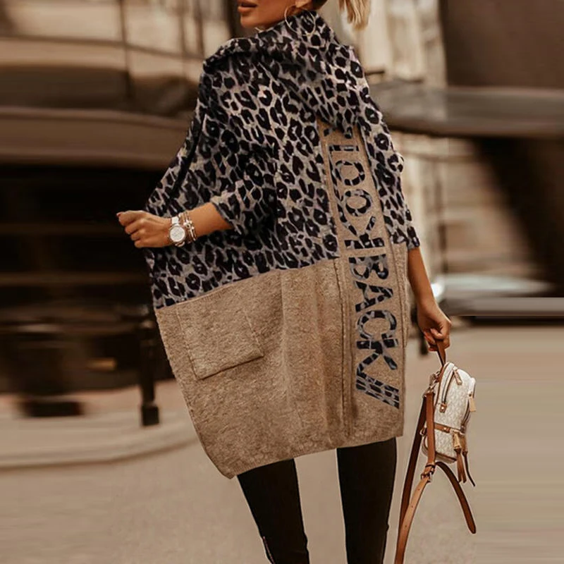 

Women's Fashion Leopard Letter Hooded Autumn Winter Wool Jacket Winter Casual Long Sleeve Jacket Street Jacket Black Trench Coat