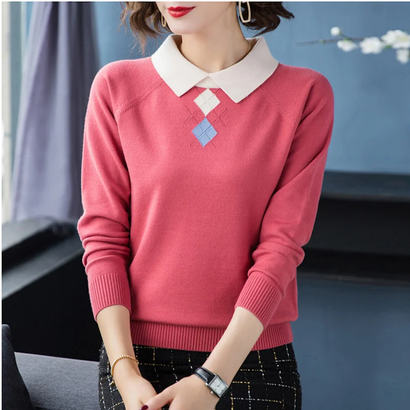 

Fashion Turn-down Collar slim knitted ladies sweaters Elegant warm long sleeve women's pullovers Korean patchwork color top