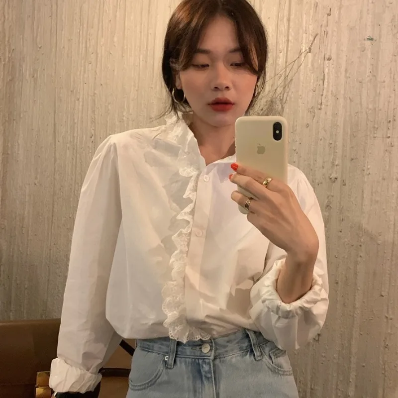 Женская кружевная рубашка элегантная однотонная плиссированная во французском