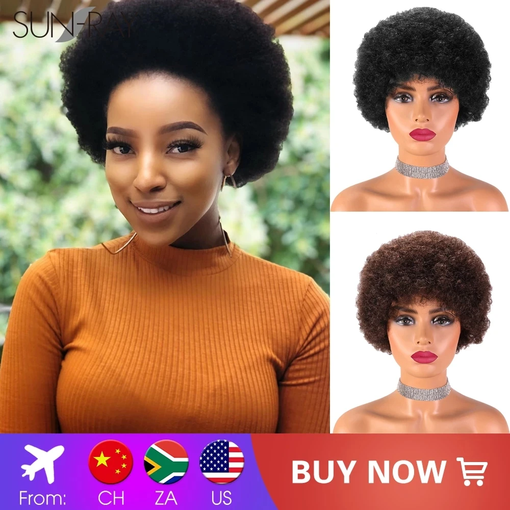 

Sun-Ray Short Curly Human Hair Afro Kinky Curly Wigs for Black Women Made Machine Natural Black Darkest Brown Color