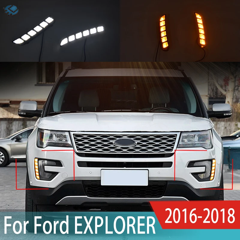 

Дневные светодиодный бег светильник для Ford Explorer 2016-2018 DRL с отверстием для противотуманной лампы желтый Поворотная сигнальная лампа 2 цвета 2 шт.