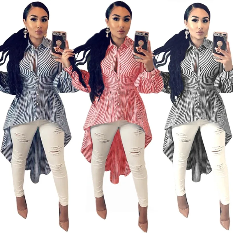 Женские сексуальные модные полосатые Асимметричные рубашки с высоким низом и