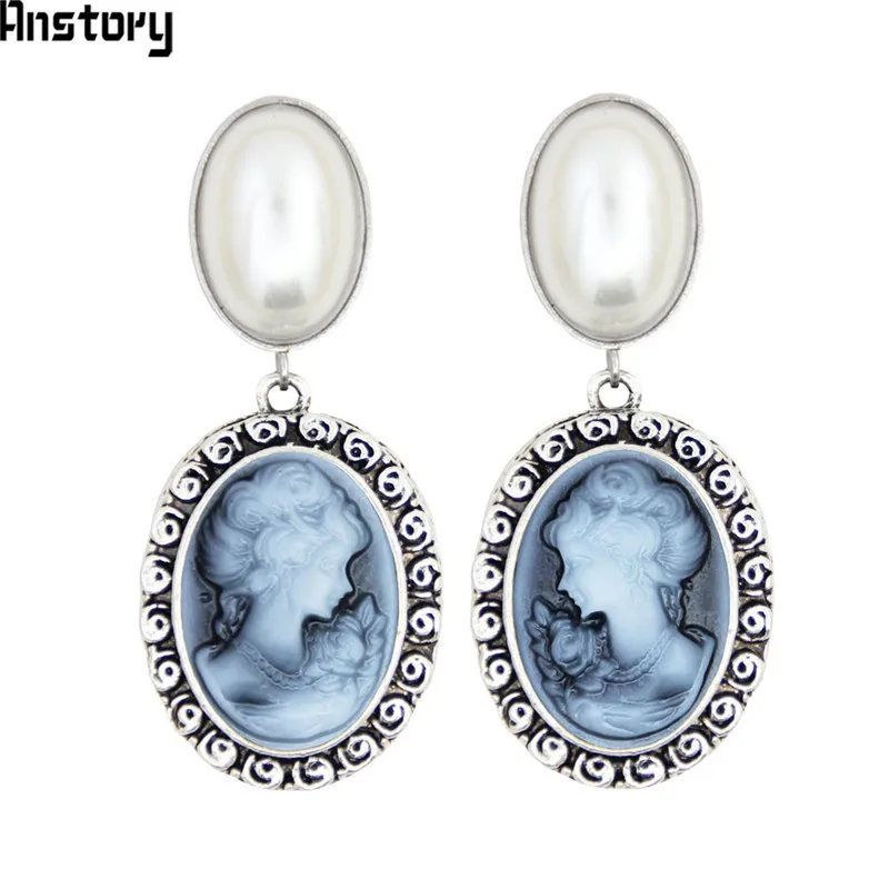 Oval Pearl Earrings Stud For Women Lady Queen Cameo Vintage Look Antique Silver Plated Fashion Jewelry TE492 | Украшения и