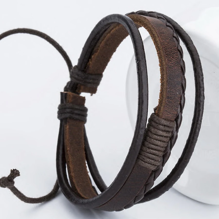 

multilayer Leather Bracelet for Men Jewelry Popular Black Color bangles Weave Charm Genuine Leather Hand Chain Buckle Friends