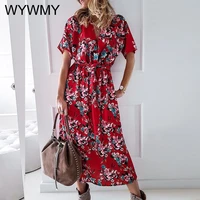 new elegant floral print dress women summer 2021 fashion lace up slim long dress casual v neck short sleeve beach dress vestidos
