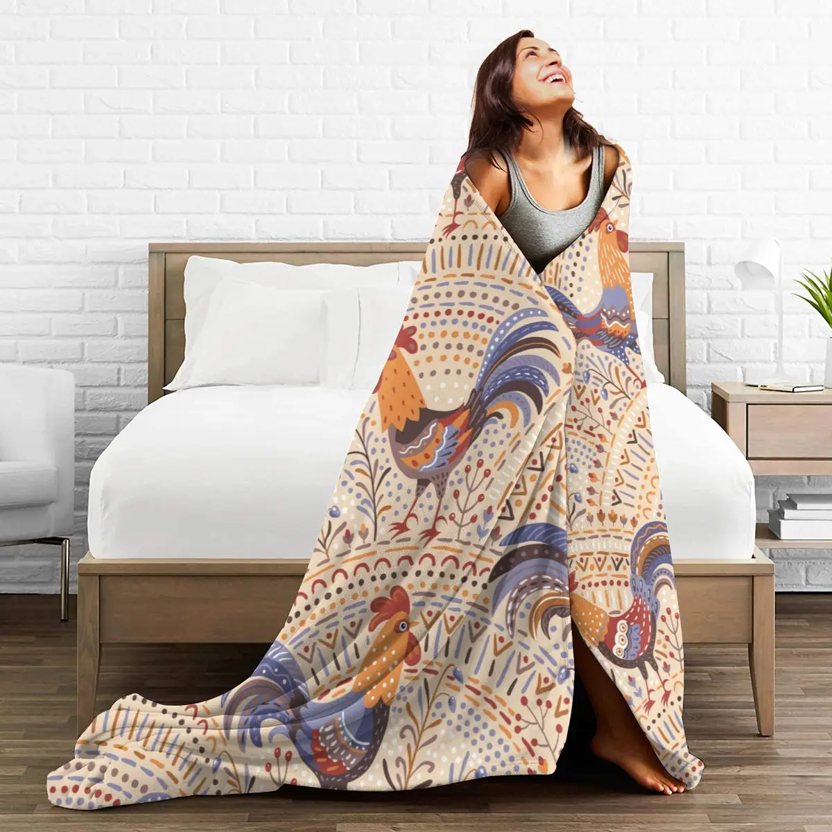 

Soft Warm Flannel Blanket Cute Beige Roosters Travel Portable Winter Throw Thin Bed Sofa Blanket