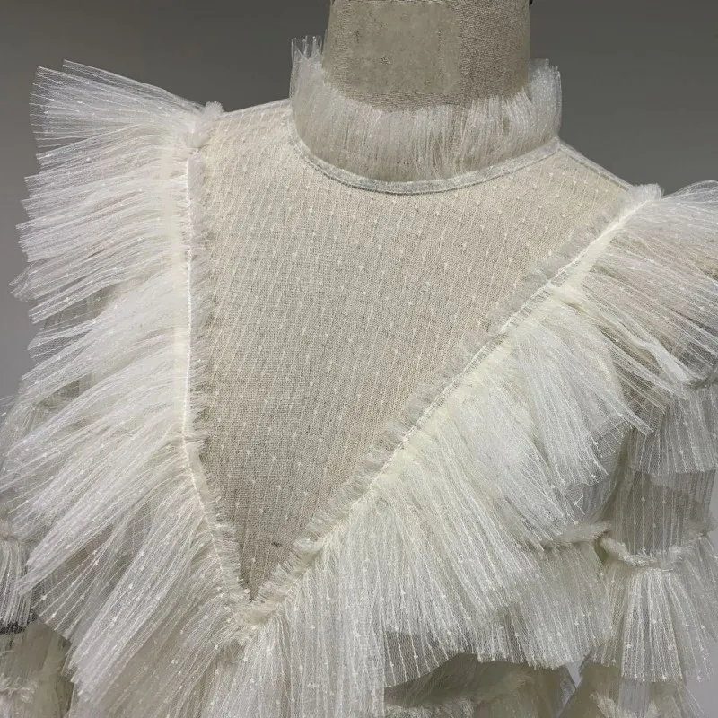 

New Brand Sweet Style Lace Mesh Patchwork Cupcake Women Dress Fashion Turtleneck V-Neck Sexy See Through Flare Sleeve Mini Dress