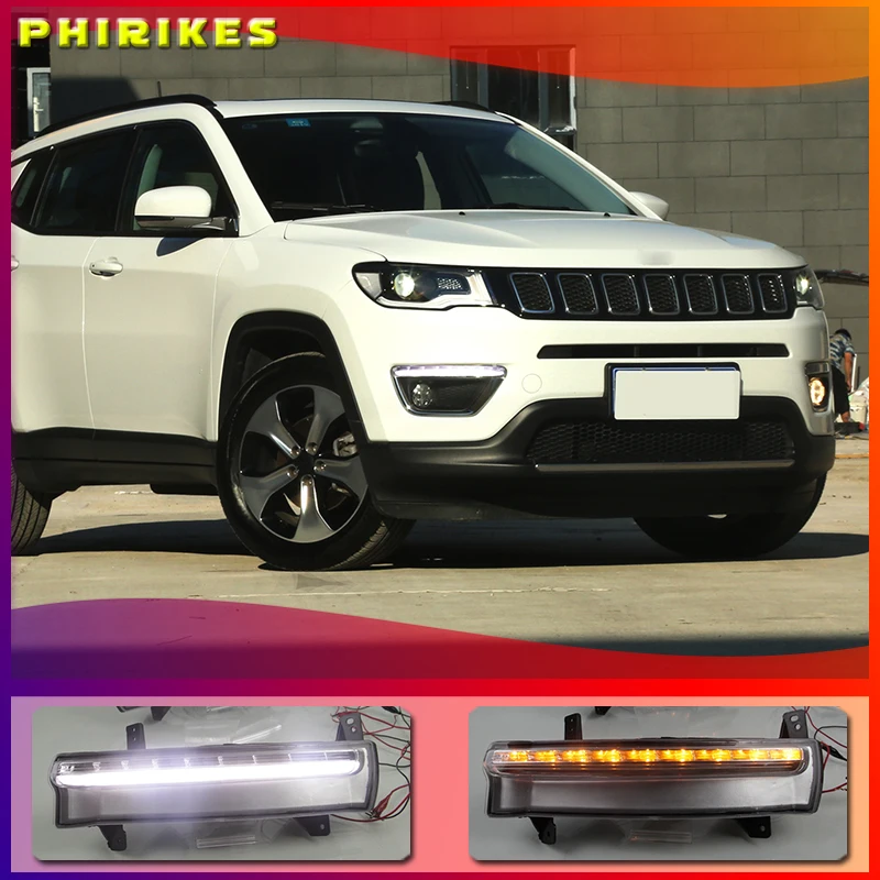 

2 шт. днем Бег светильник для Jeep Compass 2017 2018 2019 динамический желтый указатель поворота светильник стиль реле 12V светодиодный автомобиль DRL Прот...